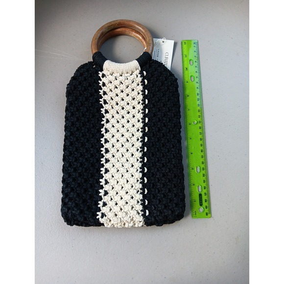 Curateur‎ Laude BOHO Handbag GABBY Black White Wood Handle Macramé Bag NEW - Picture 7 of 9